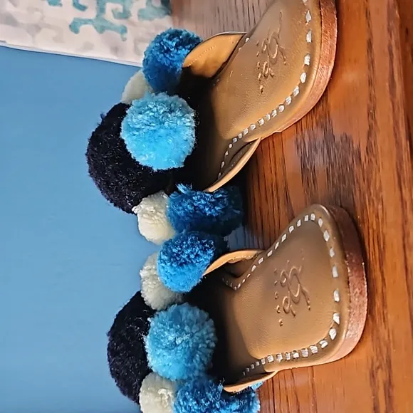 FIGUE Striped Blue &amp; White Pom Pom Iris Leather Mule Shoes
