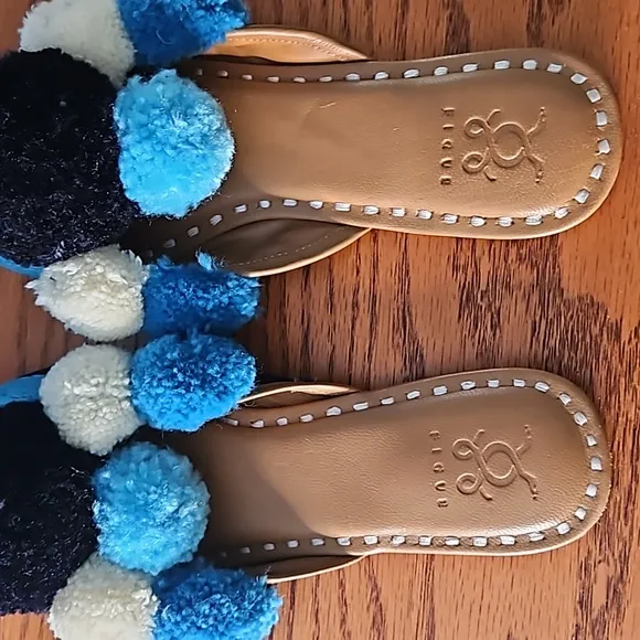 FIGUE Striped Blue &amp; White Pom Pom Iris Leather Mule Shoes