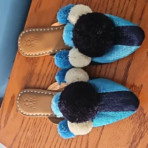 FIGUE Striped Blue &amp; White Pom Pom Iris Leather Mule Shoes