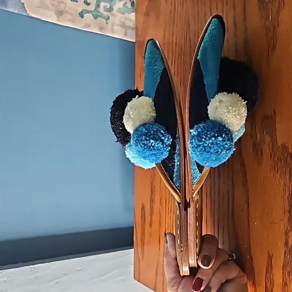FIGUE Striped Blue &amp; White Pom Pom Iris Leather Mule Shoes