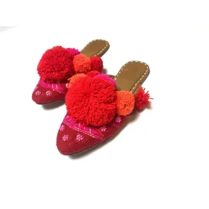 Figue Tweed Pom Poms Mules Slides Shoes Red Pink Beaded Slip Ons Size 5 35