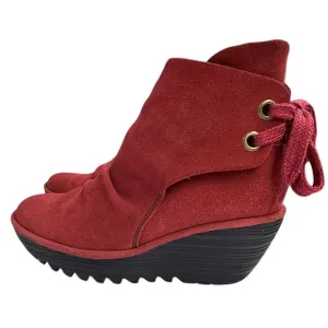 Fly London Boots Womens 39 Yama Ankle Booties Red Suede Wedge Round Toe