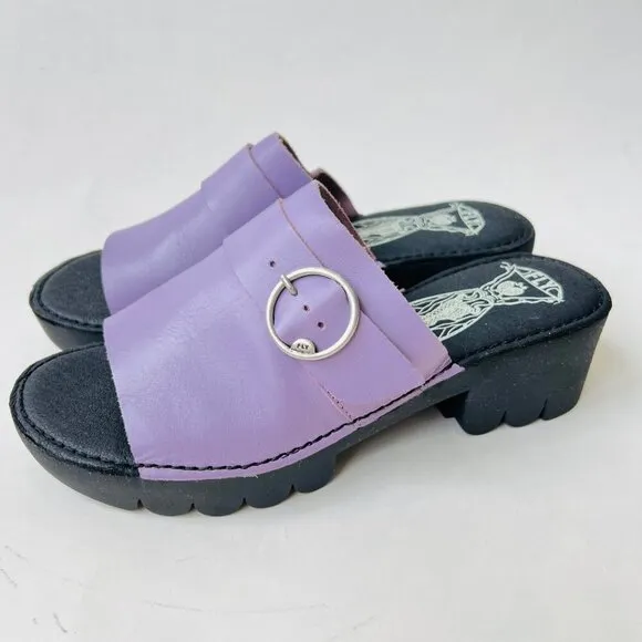 Fly London Leather chunky platform sandals, Eple Violet, Size 40