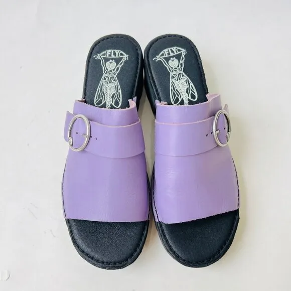 Fly London Leather chunky platform sandals, Eple Violet, Size 40