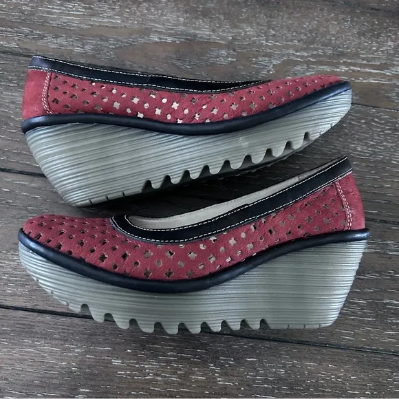 Fly London Shoes 37/7 Yika Perforated Wedges Brick Suede Leather NWOB