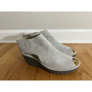 Fly London womens EU 39 US 8 8.5 Yone Peep Toe suede leather wedge heels beige