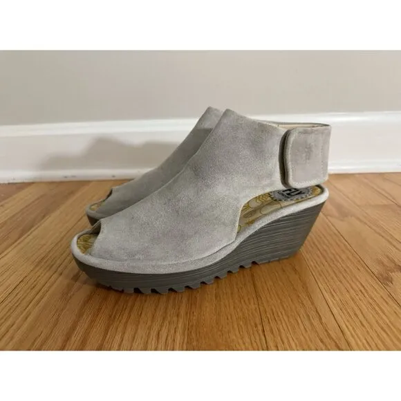 Fly London womens EU 39 US 8 8.5 Yone Peep Toe suede leather wedge heels beige