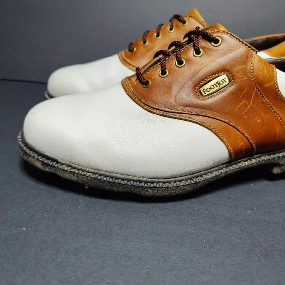 Footjoy Men’s Superlites White Tan Saddle Leather Golf Shoes Size 9W