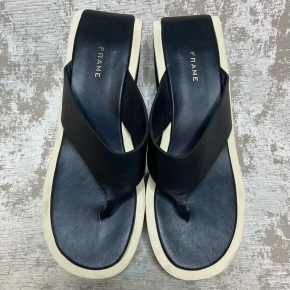 Frame Le Ocean Platform Wedge Leather Sandals in Noir Multi