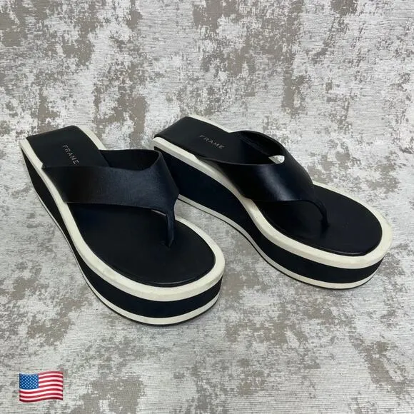 Frame Le Ocean Platform Wedge Leather Sandals in Noir Multi