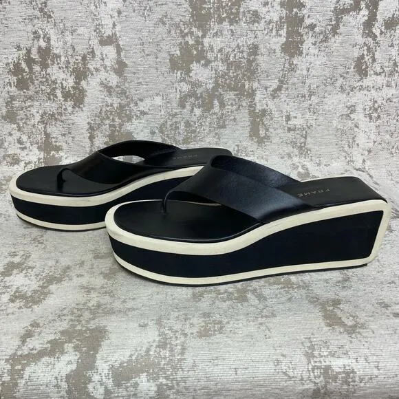 Frame Le Ocean Platform Wedge Leather Sandals in Noir Multi