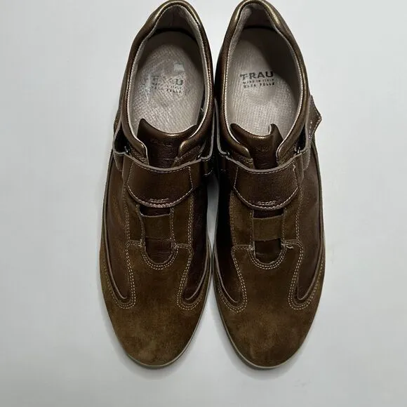Frau 9 Luxury Italian Leather Sneakers Brown/Gold Suede Leather Walking Shoes 40