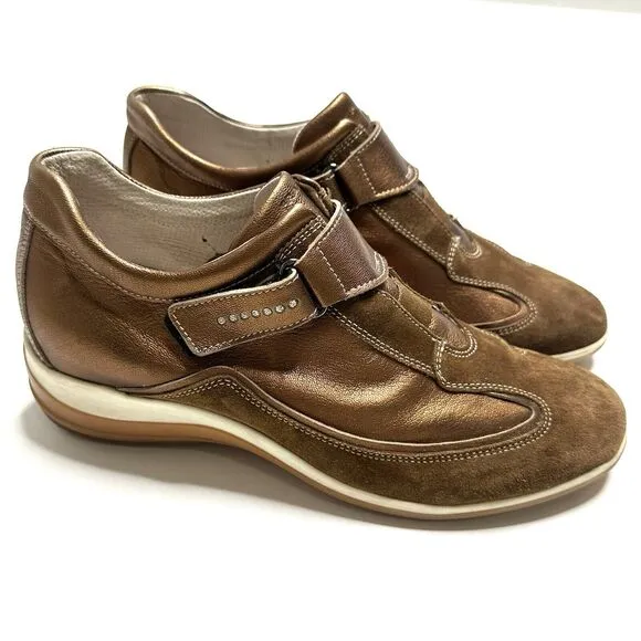 Frau 9 Luxury Italian Leather Sneakers Brown/Gold Suede Leather Walking Shoes 40