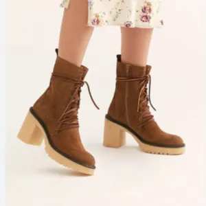 Free People Dylan Lace Up Suede Combat Boots Platform Taupe Leather