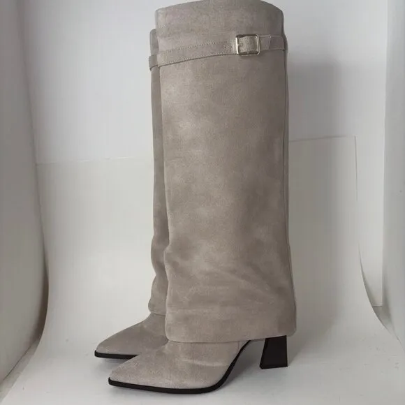 Free People Felicity Foldover Shaft Knee High Boots Suede Tan Beige Size 7.5