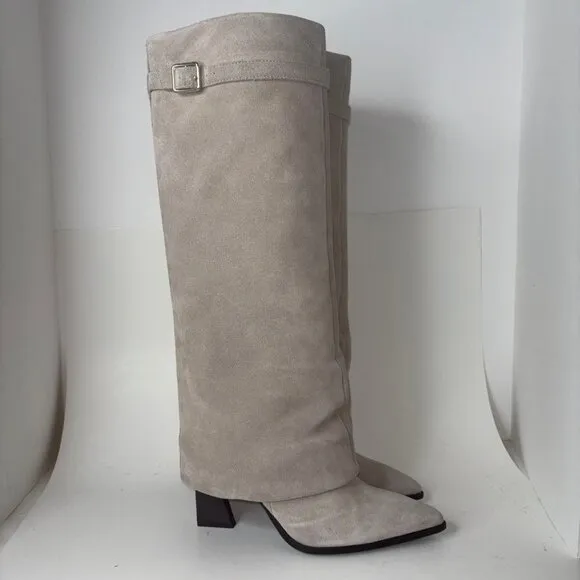 Free People Felicity Foldover Shaft Knee High Boots Suede Tan Beige Size 7.5