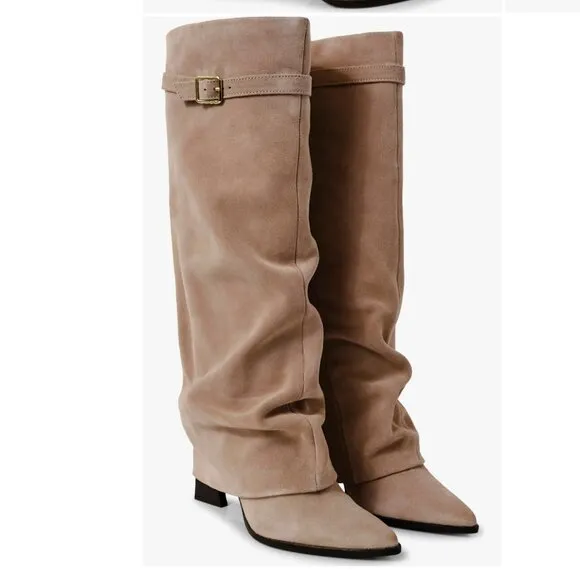 Free People Felicity Foldover Shaft Knee High Boots Suede Tan Beige Size 7.5