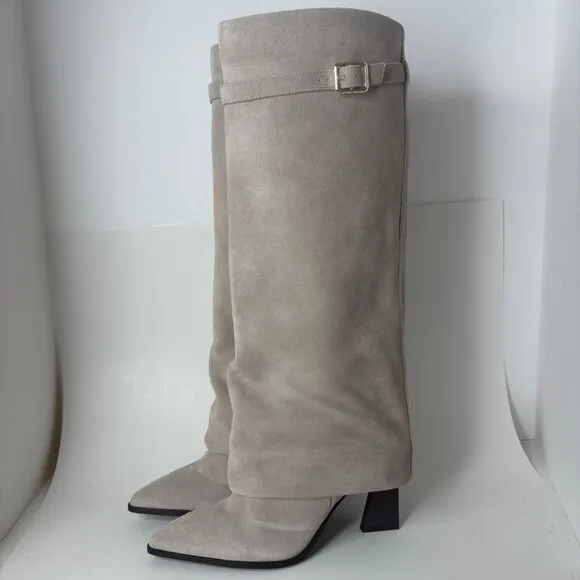 Free People Felicity Foldover Shaft Knee High Boots Suede Tan Beige Size 7.5