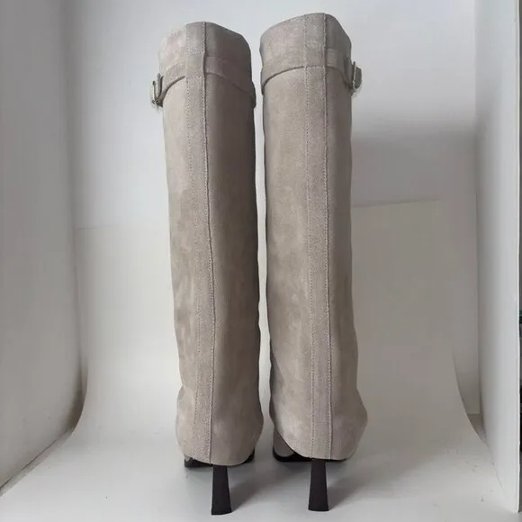 Free People Felicity Foldover Shaft Knee High Boots Suede Tan Beige Size 7.5