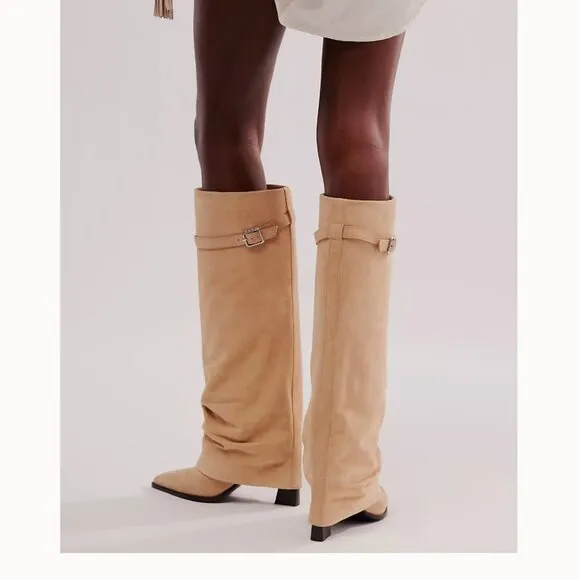 Free People Felicity Foldover Shaft Knee High Boots Suede Tan Beige Size 7.5
