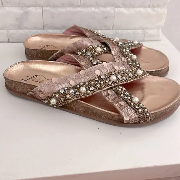 FREE PEOPLE Moon Child Embellished Slide Sandal In Rose Gold Beaded Size 40