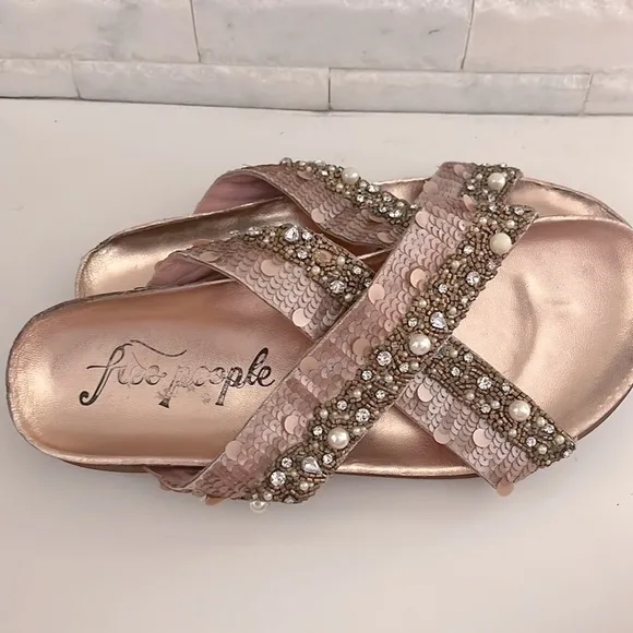 FREE PEOPLE Moon Child Embellished Slide Sandal In Rose Gold Beaded Size 40
