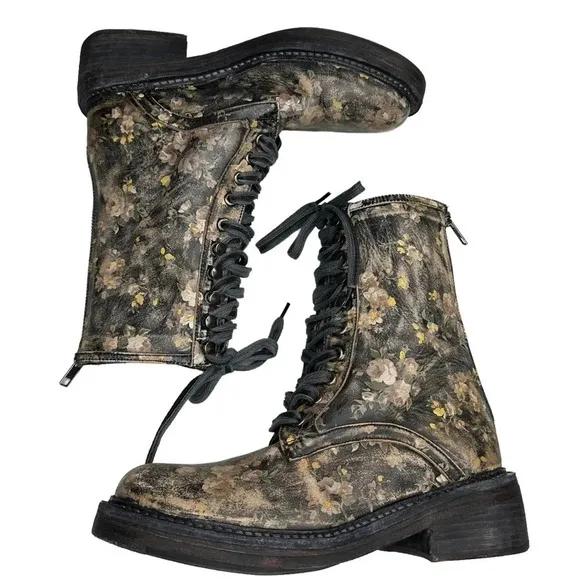 Free People Santa Fe Floral Print Combat Lace Up Boot  Sz: 7/37