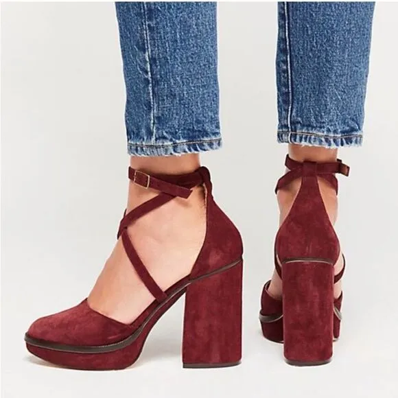 Free People size 41 10 Burgundy Remi Double Strap Suede Platform Shoes