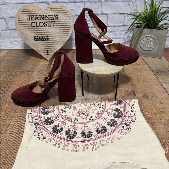 Free People size 41 10 Burgundy Remi Double Strap Suede Platform Shoes