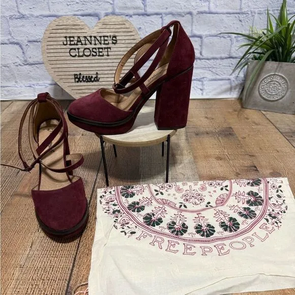 Free People size 41 10 Burgundy Remi Double Strap Suede Platform Shoes