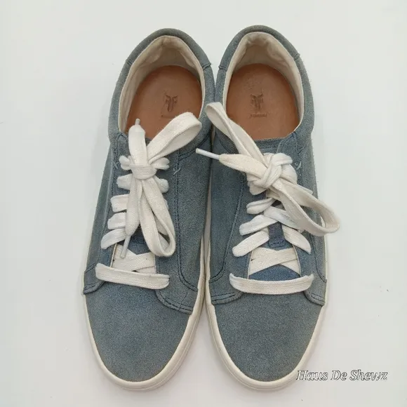 Frye Blue Suede Canvas Low Top Lace Up Slip Sneakers Shoes