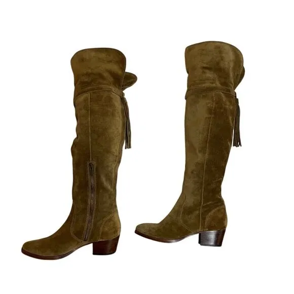 Frye Clara Tassel Over the Knee OTK Olive Green Suede Boots Size 6 Boho Western