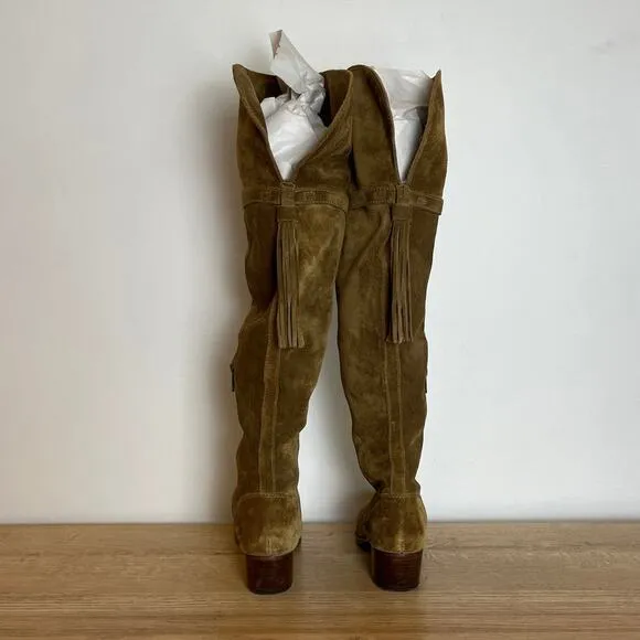 Frye Clara Tassel Over the Knee OTK Olive Green Suede Boots Size 6 Boho Western