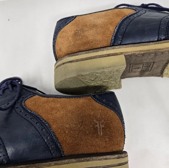 Frye Men's Jim Saddle Oxford Shoes Sz 9.5 D  Suede Leather Navy Cognac Casual