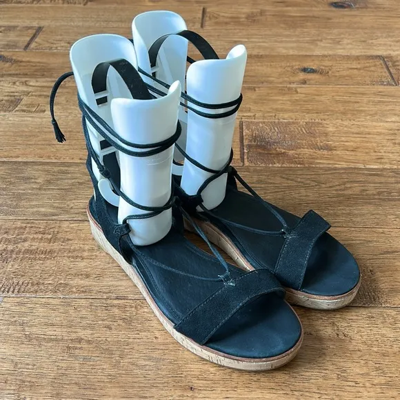 Frye Miranda Gladiator Sandals Black Suede Leather Lace Up Cork Flatform Size 7