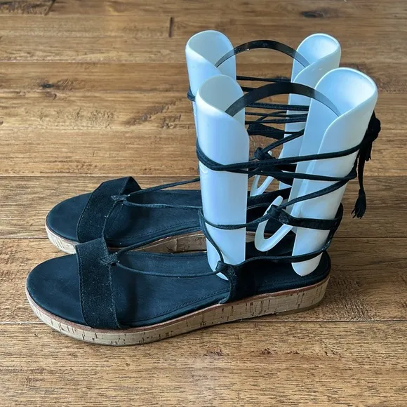 Frye Miranda Gladiator Sandals Black Suede Leather Lace Up Cork Flatform Size 7