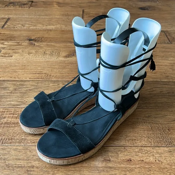 Frye Miranda Gladiator Sandals Black Suede Leather Lace Up Cork Flatform Size 7