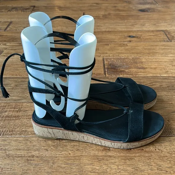 Frye Miranda Gladiator Sandals Black Suede Leather Lace Up Cork Flatform Size 7