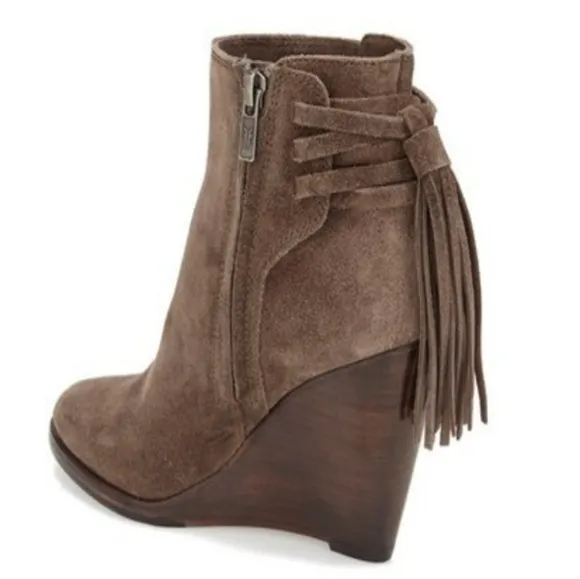 Frye Shoes Frye Suede Leather Cece Tassel Brown Wedge Ankle Boots