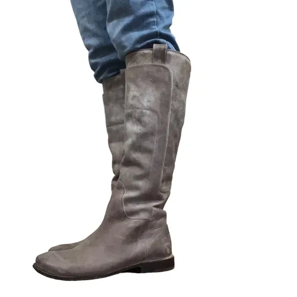 Frye Tall Gray Distressed Leather Paige Riding Boots
