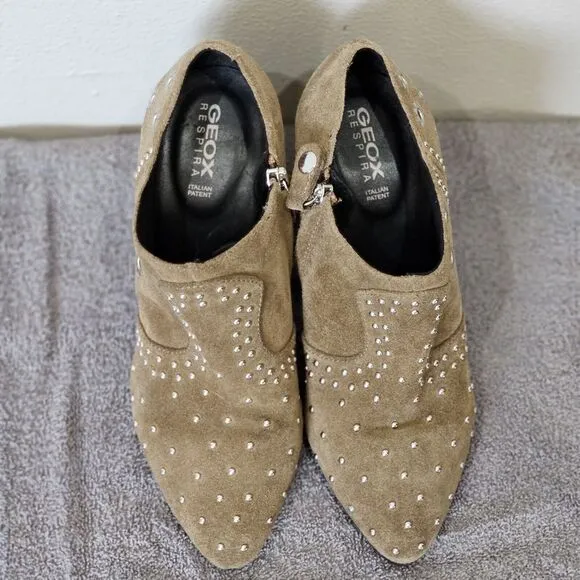 GEOX RESPIRA Suede Ankle Boots EU 36 Peython Tan Heel‎ Bootie Studded Block Heel