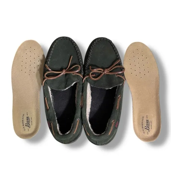 G.H. BASS Green Suede Moccasin Shoes Faux Shearling Lining