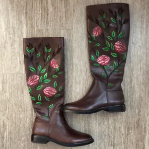 Gianni Bini Brown Leather Floral Boots