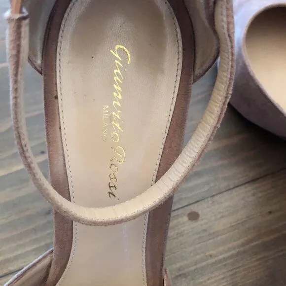 GIANVITO ROSSI SIZE 40 US 9  TAN SUEDE ANKLE STRAP BLOCK HEEL SHOES HERLS PUMPS
