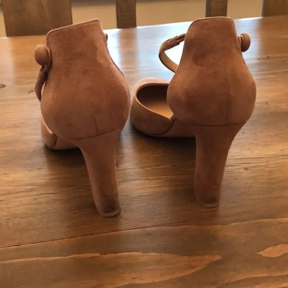 GIANVITO ROSSI SIZE 40 US 9  TAN SUEDE ANKLE STRAP BLOCK HEEL SHOES HERLS PUMPS