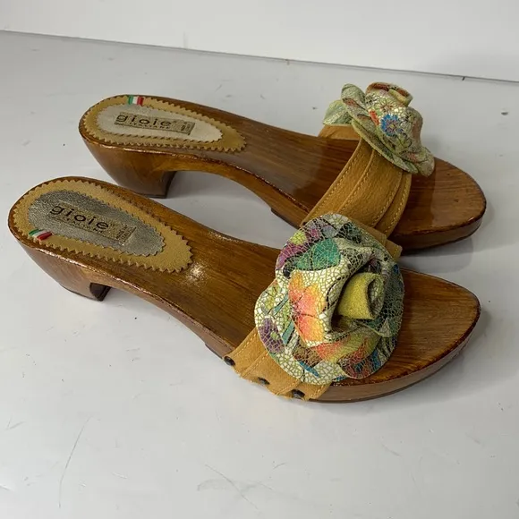 Gioie Italian floral suede wood clogs