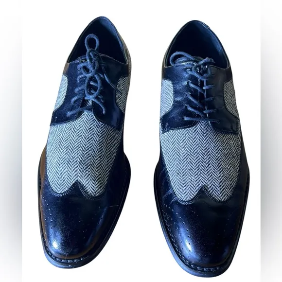 Giovanni 6484 Leather Wingtip Oxford Dress Shoes Black Tweed Men's Size 13
