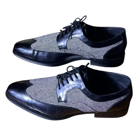 Giovanni 6484 Leather Wingtip Oxford Dress Shoes Black Tweed Men's Size 13