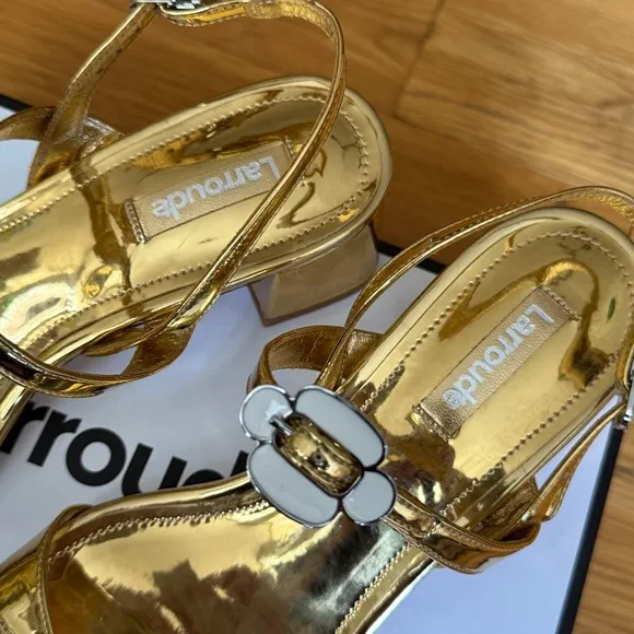 Gold Larroudé Tinx Sandals with Floral Accents - US 7