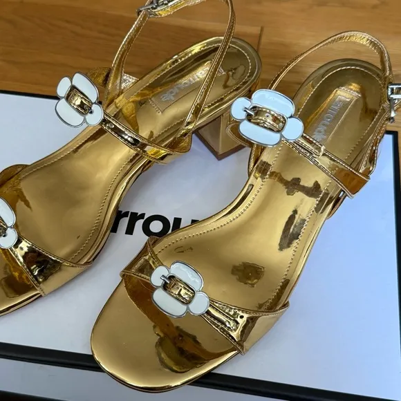 Gold Larroudé Tinx Sandals with Floral Accents - US 7